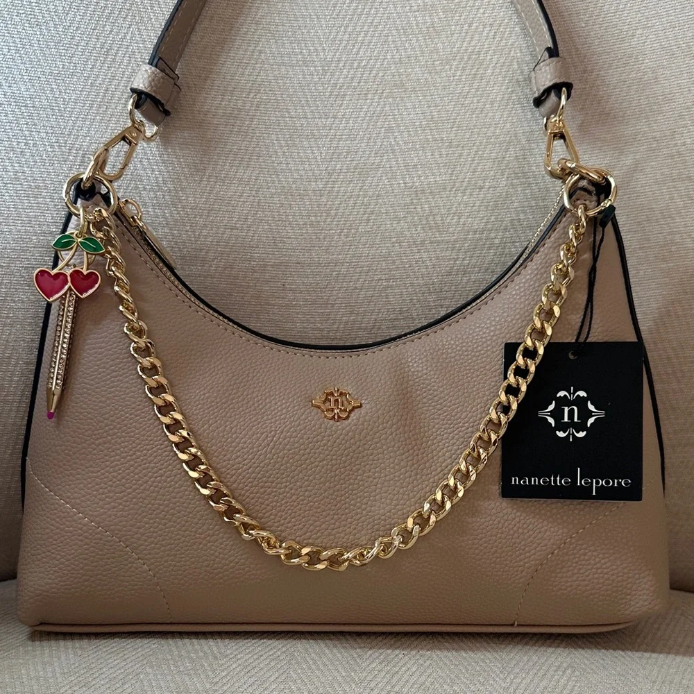 Nanette Lepore Beige Shoulder Bag with Gold Chain